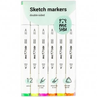 Набор маркеров для скетчинга MESHU, 12цв., основные и флуоресцентные цвета фото книги